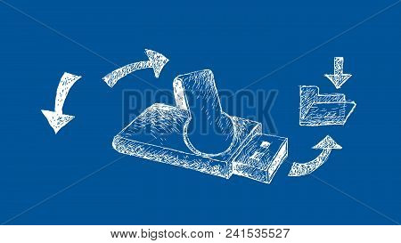 Computer And Technology, Illustration Hand Drawn Sketch Of Usb Drive Or Usb Flash Memory On Blueprin
