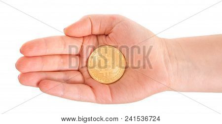 Golden Bitcoin In A Man Hand. Digitall Symbol Of A New Virtual Currency Isolated On White Background