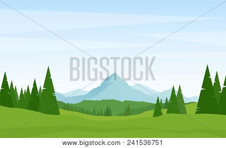 Vector Illustration: Summer Alpine Mountains Landscape With Pines On Foreground