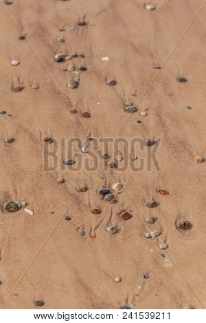 Beautiful Smooth Sea Stones In The Sands Of The Beach. Closeup Photo Of Stone Textures And Shapes.