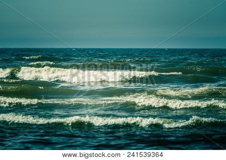 Beautiful Waves Breaking On The Shore Of Baltic Sea.  Bright Sunny Day At The Beach.