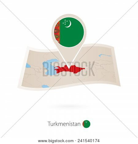 Folded Paper Map Of Turkmenistan With Flag Pin Of Turkmenistan. Vector Illustration