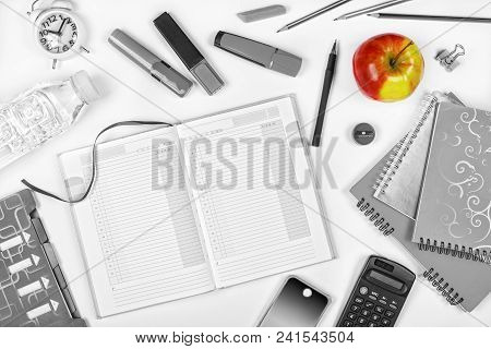 Back To School. Blak And White. Noir Style. Top View Of Open Notebook With Pencil, Colourful Pushpin