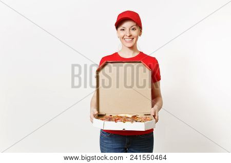 Delivery Woman In Red Uniform Isolated On White Background. Pretty Female In Cap, T-shirt, Jeans Wor