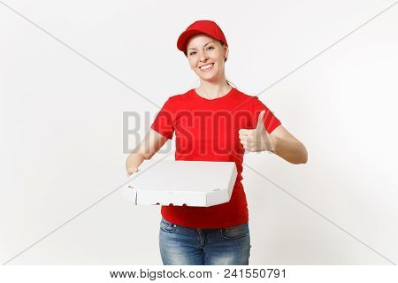 Delivery Woman In Red Uniform Isolated On White Background. Pretty Female In Cap, T-shirt, Jeans Wor
