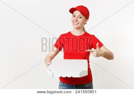 Delivery Woman In Red Uniform Isolated On White Background. Pretty Female In Cap, T-shirt, Jeans Wor