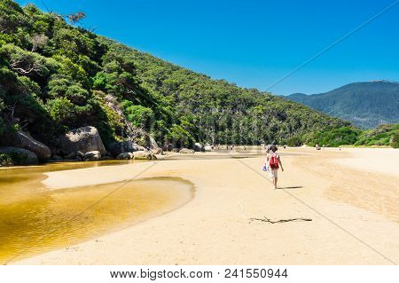 Tidal River, Australia - January 28, 2018: The Brackish Waters Of Tidal River Run Into The Sea At Ti