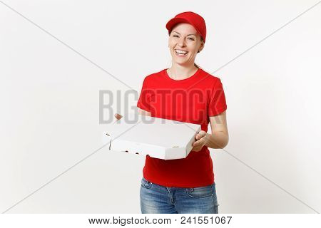 Delivery Woman In Red Uniform Isolated On White Background. Pretty Female In Cap, T-shirt, Jeans Wor