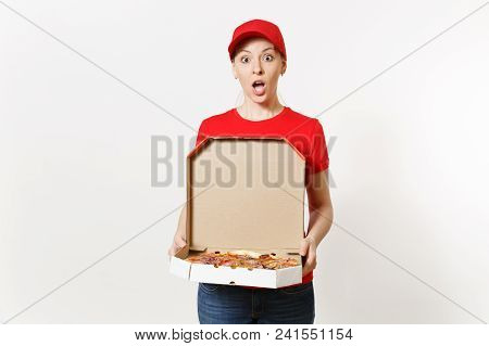Delivery Woman In Red Uniform Isolated On White Background. Pretty Female In Cap, T-shirt, Jeans Wor