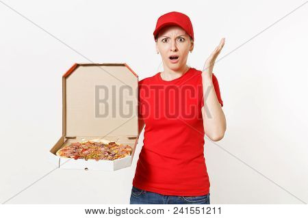 Delivery Woman In Red Uniform Isolated On White Background. Pretty Female In Cap, T-shirt, Jeans Wor