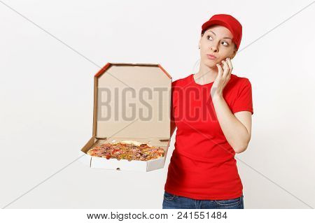 Delivery Woman In Red Uniform Isolated On White Background. Pretty Female In Cap, T-shirt, Jeans Wor