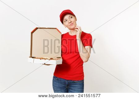 Delivery Woman In Red Uniform Isolated On White Background. Pretty Female In Cap, T-shirt, Jeans Wor