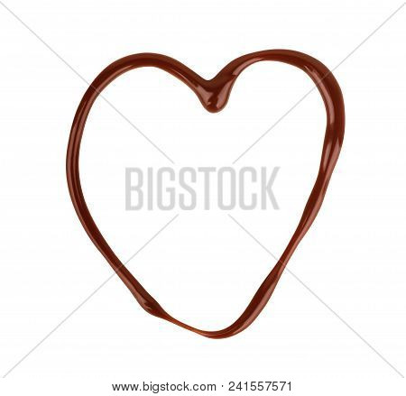 Chocolate Drips In The Shape Of A Heart On A White Background
