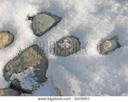 Sunlit Stones In Snow