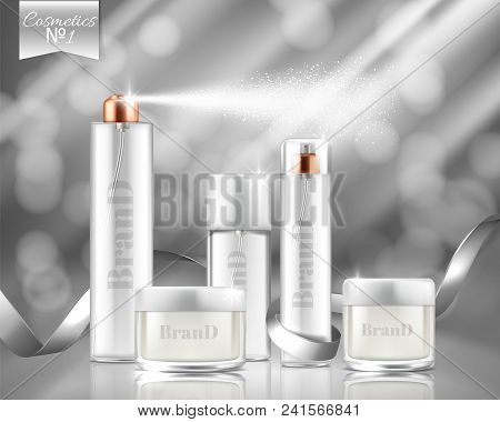 Vector 3f Realistic Promotion Banner With Glass Sprays, Jars Of Cosmetic, Gel, Cream. Transparent Bo