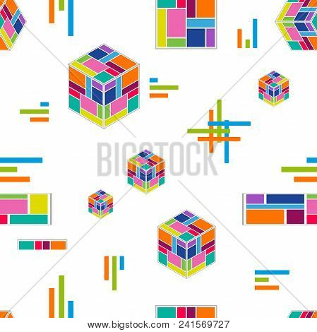 Seamless Vector Pattern With Falling Cubes, Stripes And Crosses On Black Background. Trendy Modern D