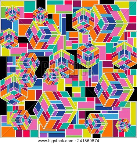 Seamless Vector Pattern With Falling Cubes, Stripes And Crosses On Black Background. Trendy Modern D