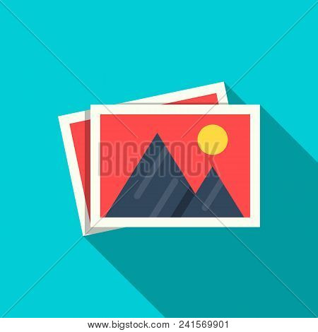 Flat Pictures Icon In Flat Stule With Shadow Isolated On Blue Background. Mountains And Sun On Paper