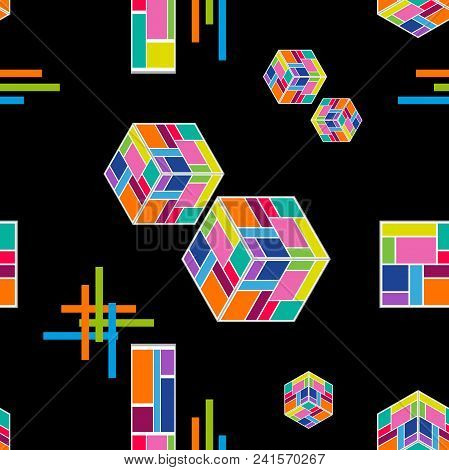 Seamless Vector Pattern With Falling Cubes, Stripes And Crosses On Black Background. Trendy Modern D