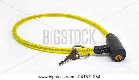 Yellow Bike Cable Lock With Key Isolated On White Background