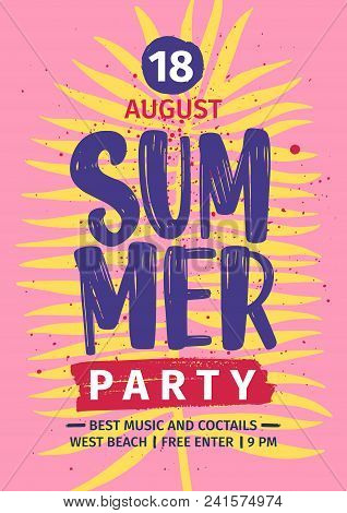 Summer Beach Party Invitation Or Poster Template With Lettering Handwritten Against Yellow Exotic Pa