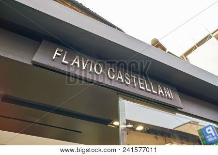 MILAN, ITALY - CIRCA NOVEMBER, 2017: close up shot of Flavio Castellani sign in Milan.