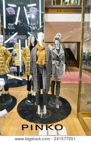 MILAN, ITALY - CIRCA NOVEMBER, 2018: shop window display of clothing at Pinko store in Milan, Italy.