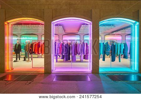 MILAN, ITALY - CIRCA NOVEMBER, 2018: shop windows display of clothing at a store in Milan, Italy.