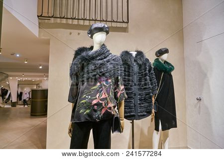 MILAN, ITALY - CIRCA NOVEMBER, 2018: shop window display of clothing at a Elena Miro store in Milan, Italy.