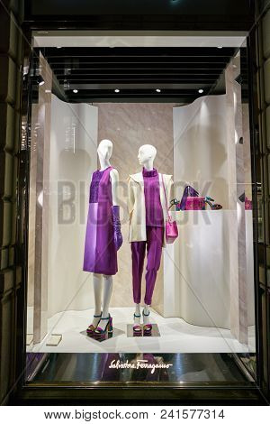 MILAN, ITALY - CIRCA NOVEMBER, 2018: shop window display of clothing at Salvatore Ferragamo store in Milan, Italy.