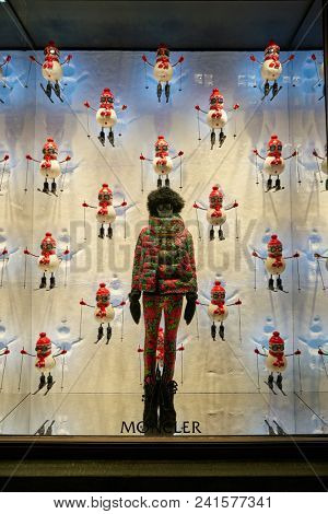 MILAN, ITALY - CIRCA NOVEMBER, 2018: shop window display of clothing at a Moncler store in Milan, Italy.