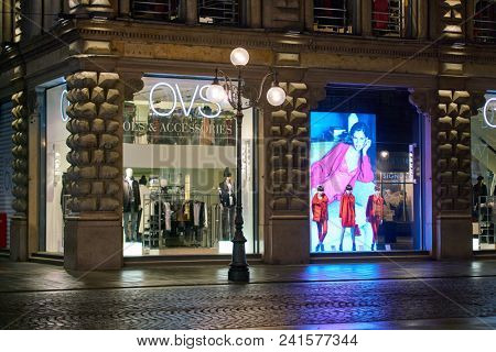 MILAN, ITALY - CIRCA NOVEMBER, 2018: shop windows display of clothing at OVS store in Milan, Italy.