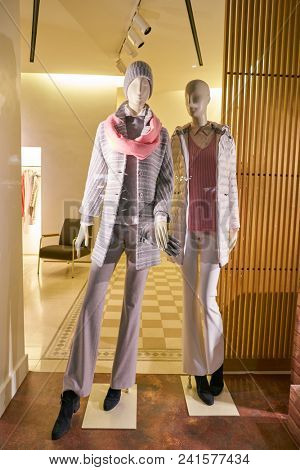 MILAN, ITALY - CIRCA NOVEMBER, 2018: shop window display of clothing at Amina Rubinacci store in Milan, Italy.