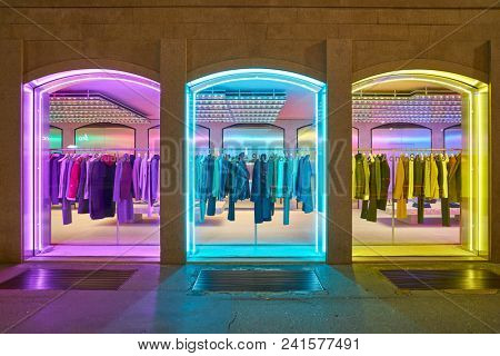 MILAN, ITALY - CIRCA NOVEMBER, 2018: shop windows display of clothing at a store in Milan, Italy.