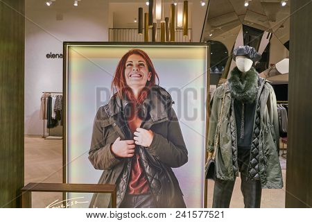 MILAN, ITALY - CIRCA NOVEMBER, 2018: shop window display of clothing at a Elena Miro store in Milan, Italy.