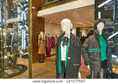 MILAN, ITALY - CIRCA NOVEMBER, 2018: shop window display of clothing at a store in Milan, Italy.
