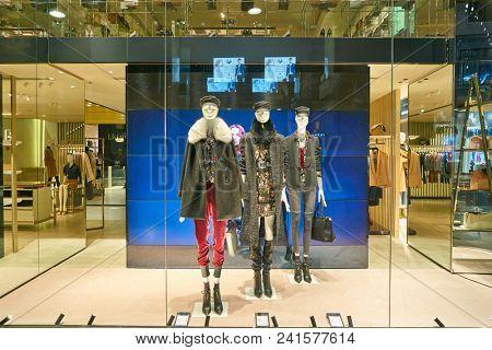 MILAN, ITALY - CIRCA NOVEMBER, 2018: shop window display of clothing at a store in Milan, Italy.