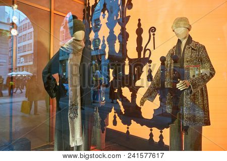 MILAN, ITALY - CIRCA NOVEMBER, 2018: shop window display of clothing at a store in Milan, Italy.