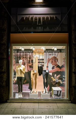 MILAN, ITALY - CIRCA NOVEMBER, 2018: shop window display of clothing at Goldenpoint store in Milan, Italy.