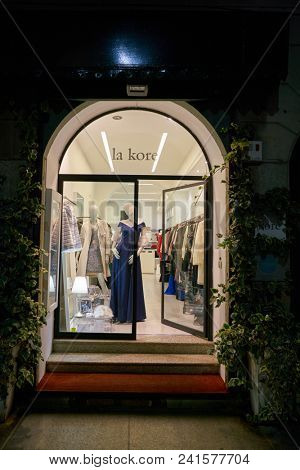 MILAN, ITALY - CIRCA NOVEMBER, 2018: shop window display of clothing at a store in Milan, Italy.
