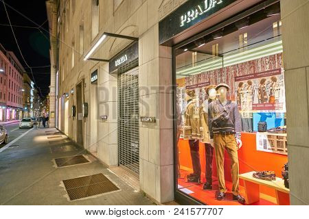 MILAN, ITALY - CIRCA NOVEMBER, 2018: shop window display of clothing at Prada store in Milan, Italy.