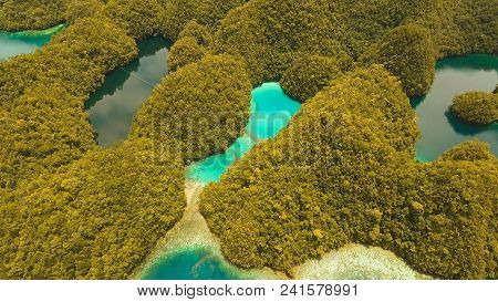 Aerial View: Bucas Grande Island, Sohoton Cove. Philippines. Tropical Sea Bay And Lagoon, Beach. Tro