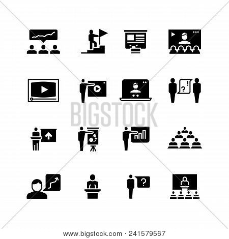 Presentation Business Event Symbols. Training Video Conference Icons. Students Class With Speaker Pi