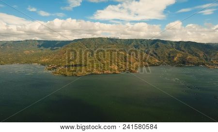 Fish Farm With Floating Cages In Lake Taal. Aerial View: Fish Farming With Cages For Whitebait On Th