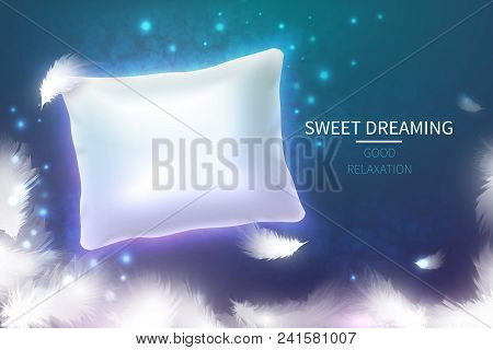 Sweet Dreaming Concept With 3d Realistic White Pillow. Soft Comfortable Cushion For Good Relaxation.