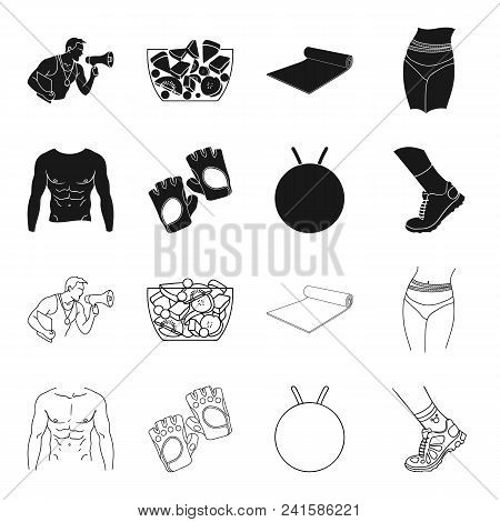 Men Torso, Gymnastic Gloves, Jumping Ball, Sneakers. Fitnes Set Collection Icons In Black, Outline S