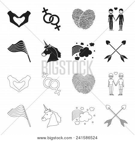Flag, Unicorn Symbol, Arrows With Heart.gay Set Collection Icons In Black, Outline Style Vector Symb