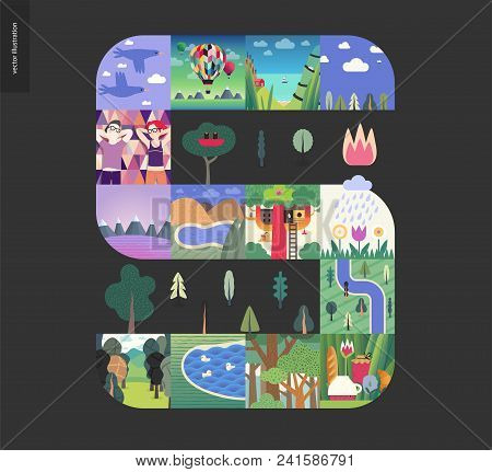 Simple Things - Forest Set On Black Background - Flat Cartoon Vector Illustration Of Forest, Ducks, 