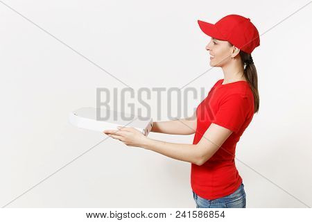 Delivery Woman In Red Uniform Isolated On White Background. Pretty Female In Cap, T-shirt, Jeans Wor