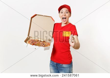 Delivery Woman In Red Uniform Isolated On White Background. Female In Cap, T-shirt, Jeans Working As